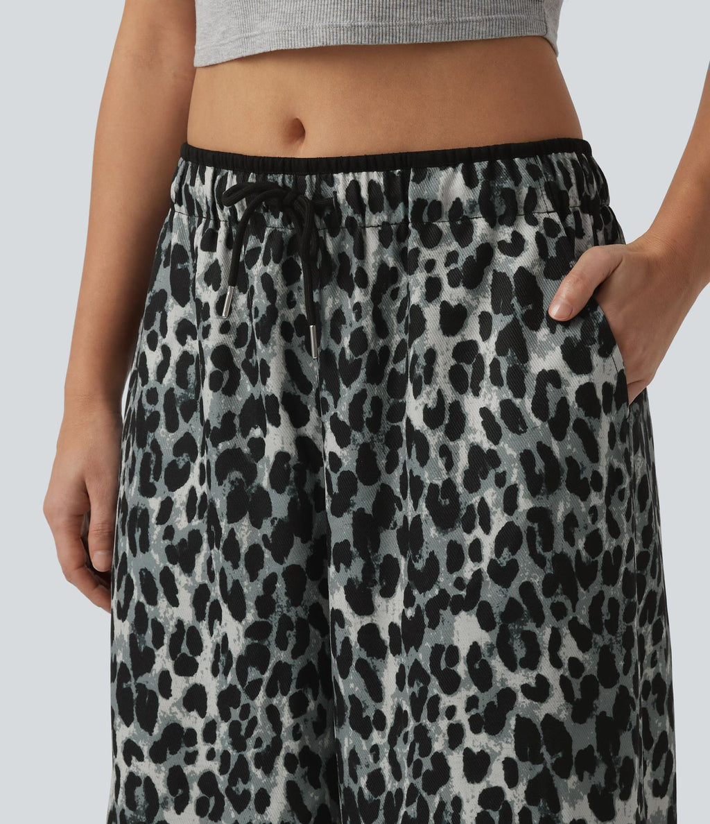 Pantalon large décontracté imprimé léopard taille basse avec cordon de serrage et poches