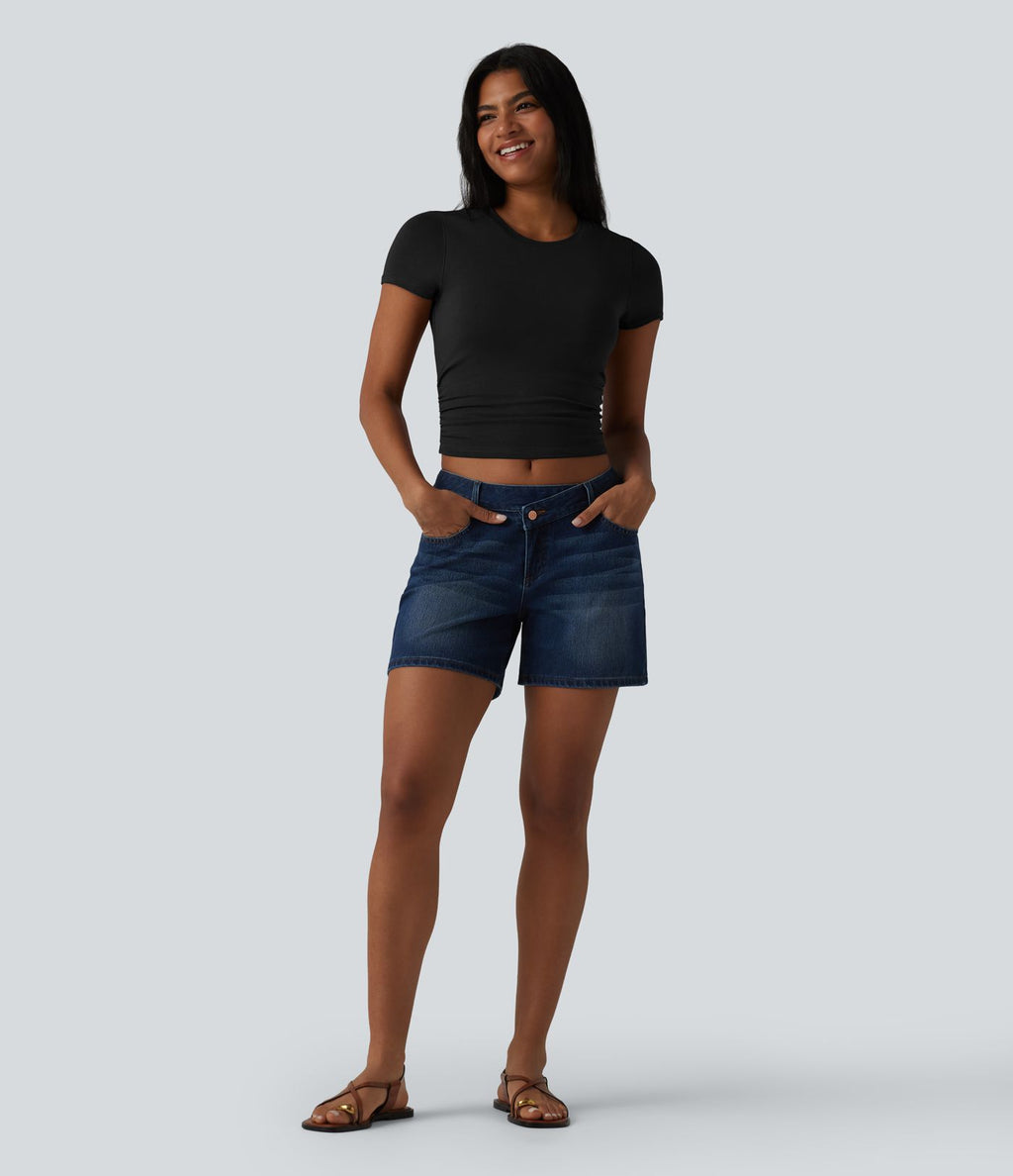 T-shirt casual Halara en jersey de coton col rond à manches courtes froncé avec brassière intégrée