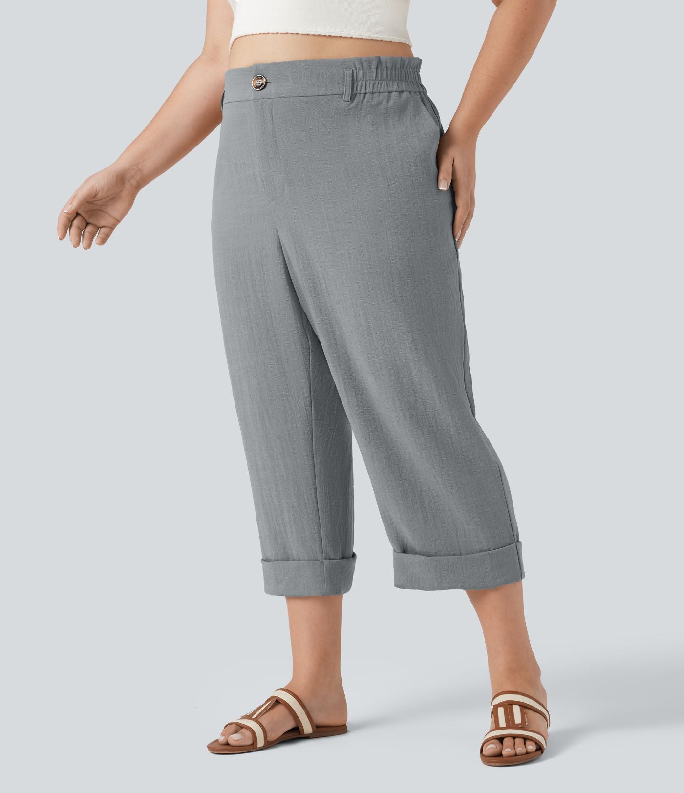 Pantalon de villégiature capri effet lin, grande taille, taille haute, avec poches