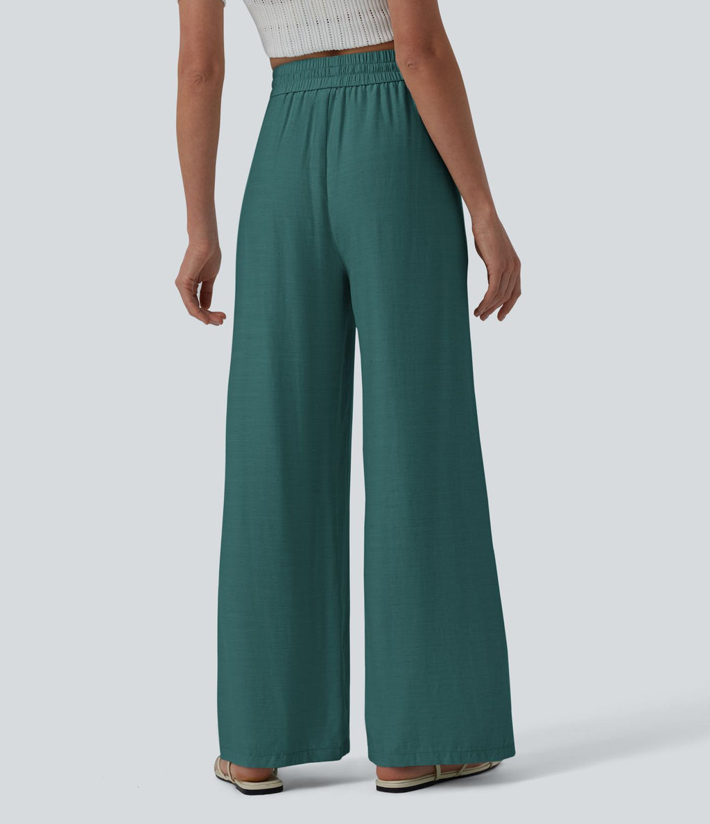 Pantalon casual large fluide mélange lin taille haute avec cordon de serrage et poches