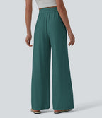 Pantalon casual large fluide mélange lin taille haute avec cordon de serrage et poches