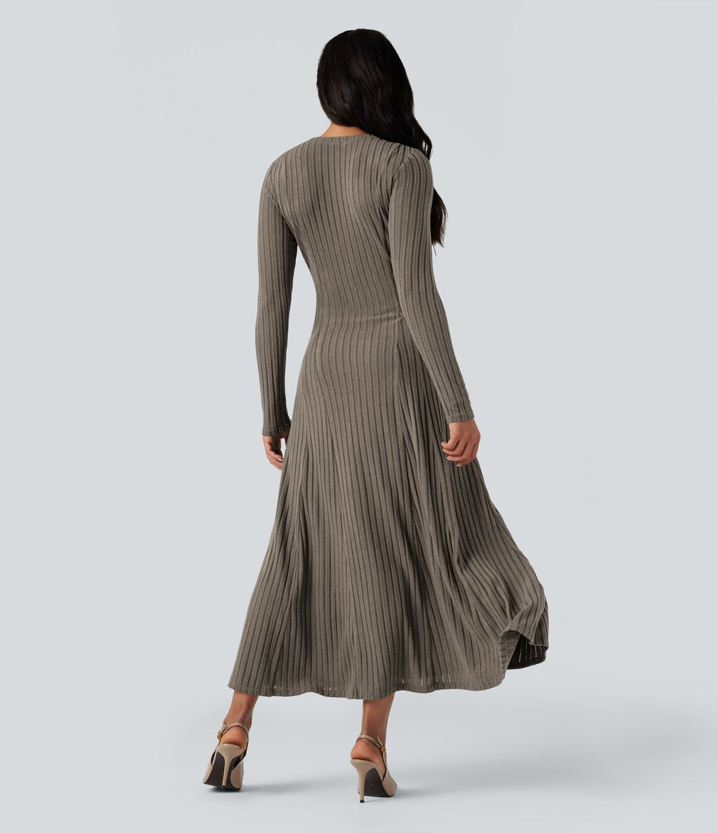 Robe longue fluide maille côtelée col henley manches longues