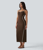 Robe nuisette casual midi côtelée color block à décolleté cœur avec coussinets intégrés non amovibles