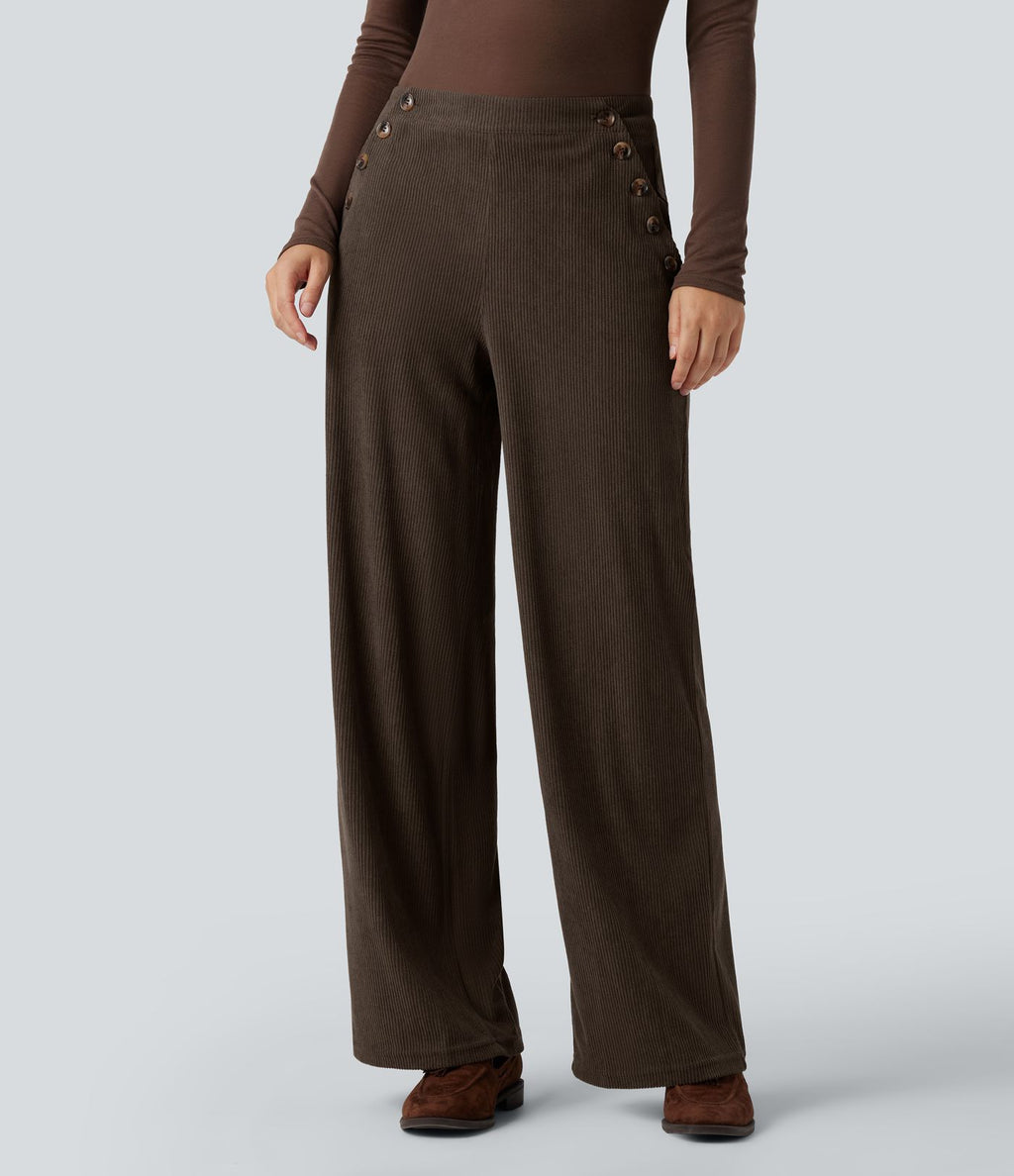 Pantalon décontracté droit en velours côtelé, taille haute, avec poches