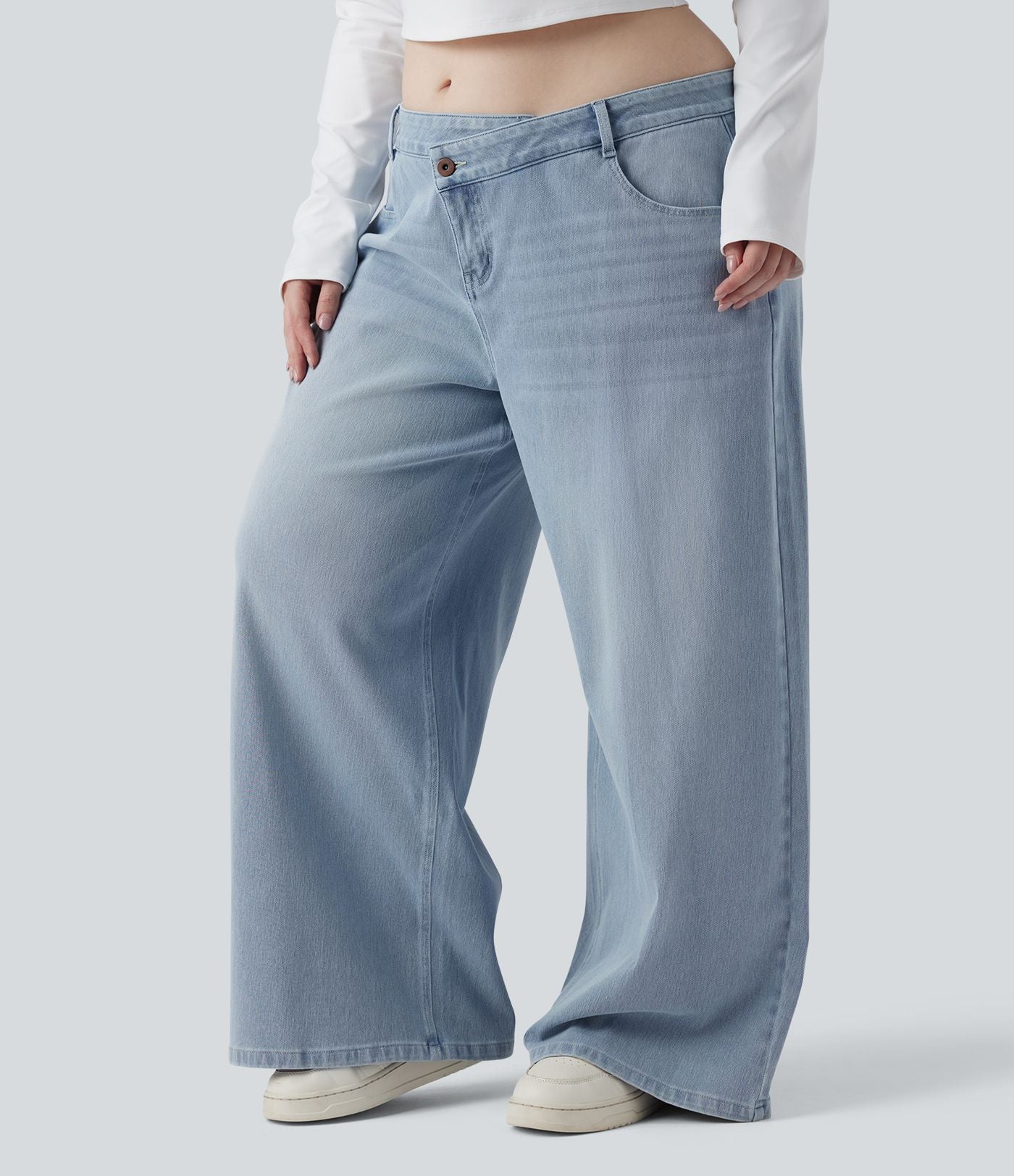 Jean décontracté grande taille Halara Flex™ asymétrique taille basse jambes larges effet délavé avec poches