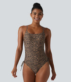 Maillot de bain une pièce col carré soutien-gorge intégré ventre plat cordon de serrage imprimé léopard