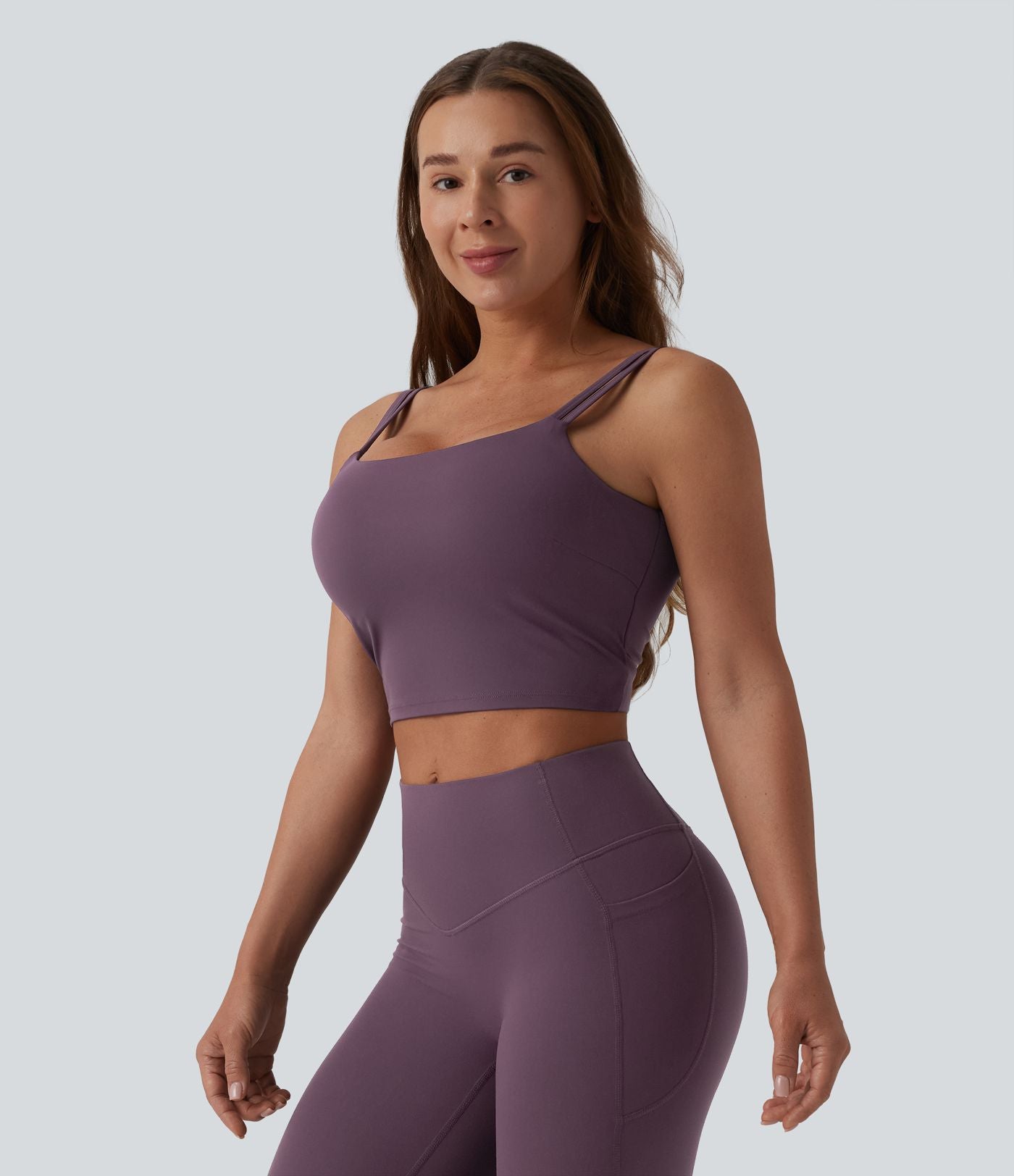 Débardeur de yoga cropped Halara UltraSculpt™ à doubles bretelles dos torsadé ouvert avec soutien-gorge intégré – Bonnets E-G