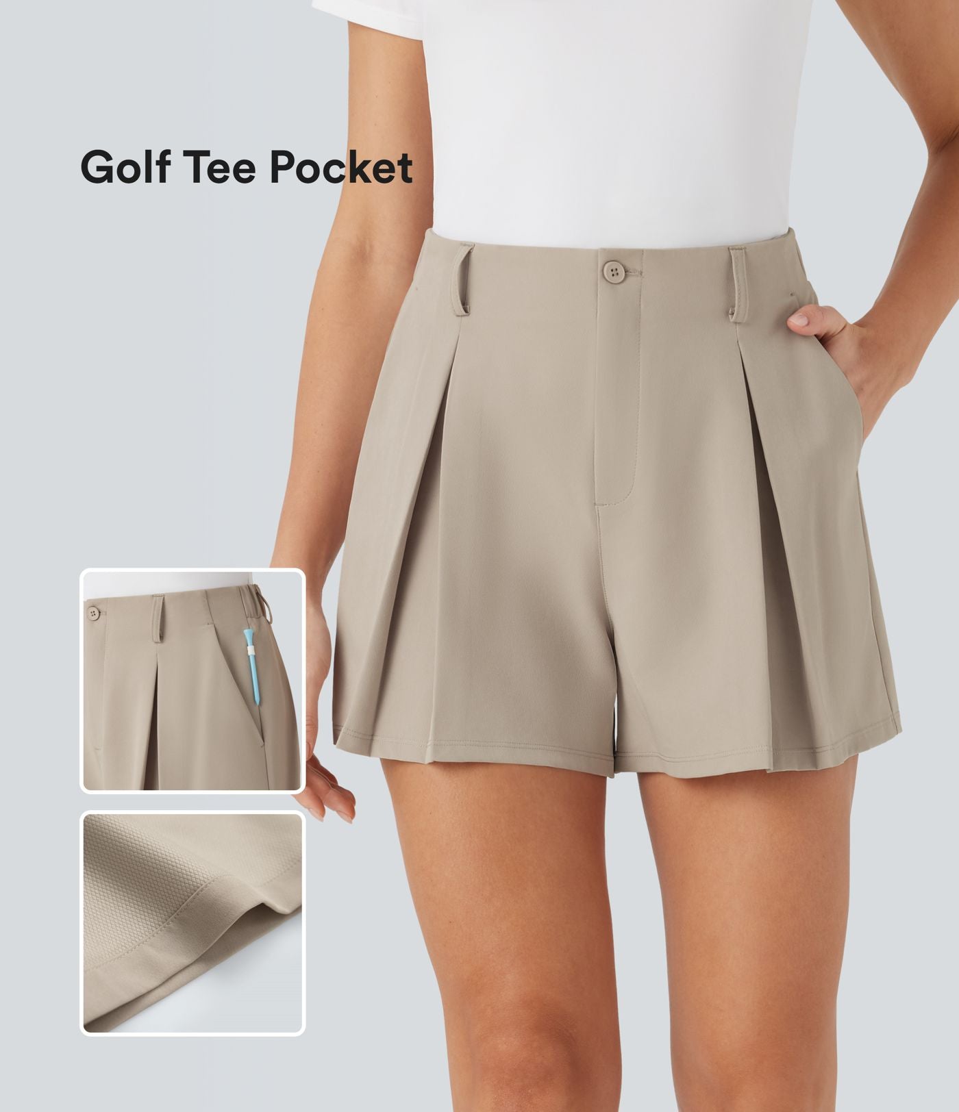 Short golf séchage rapide taille haute avec poches latérales - Poche pour tees de golf - UPF 40+
