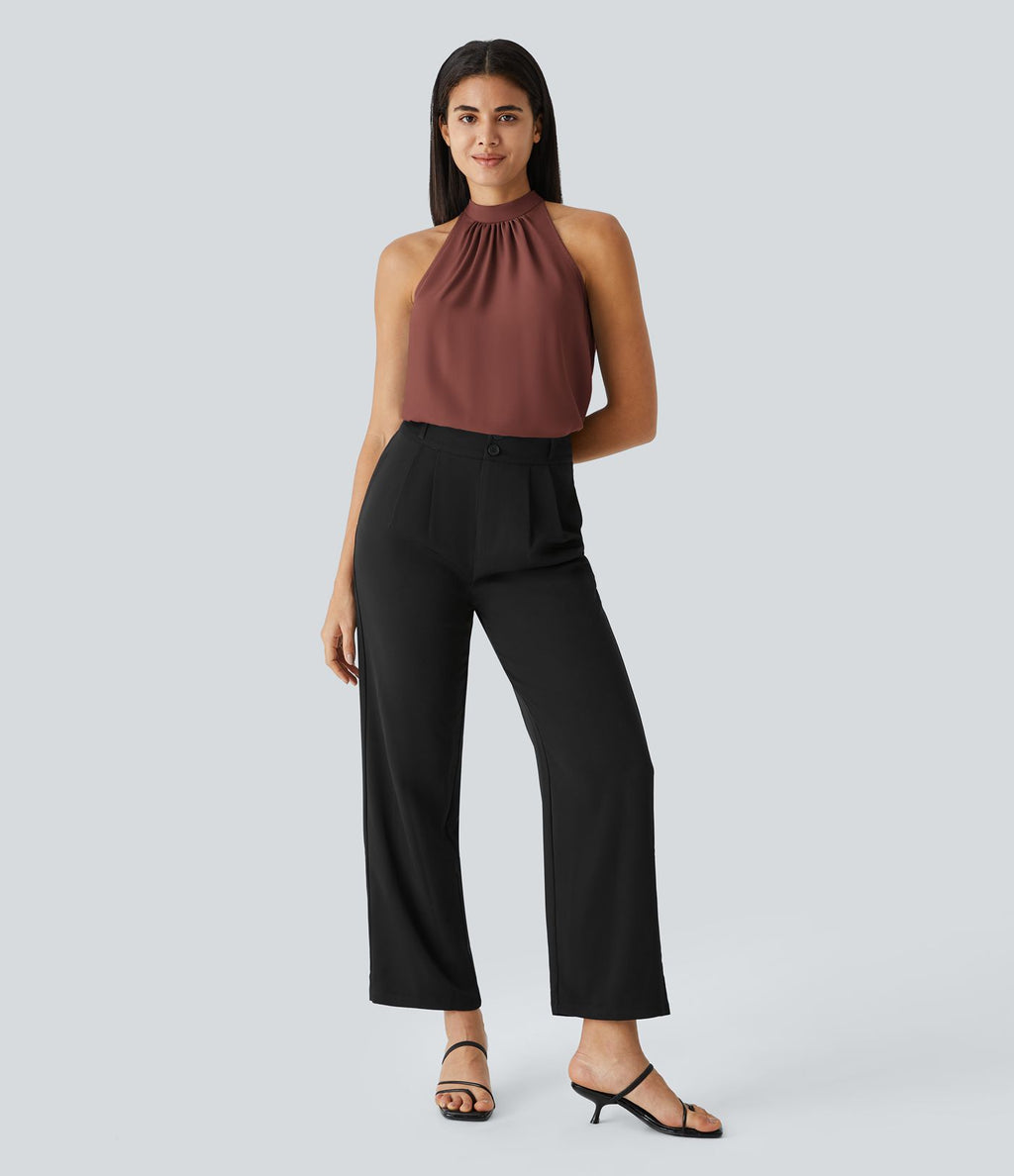 Blouse Travail Sans Manches Ourlet Courbé Col Haut Découpe au Dos Plis