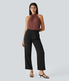 Blouse Travail Sans Manches Ourlet Courbé Col Haut Découpe au Dos Plis