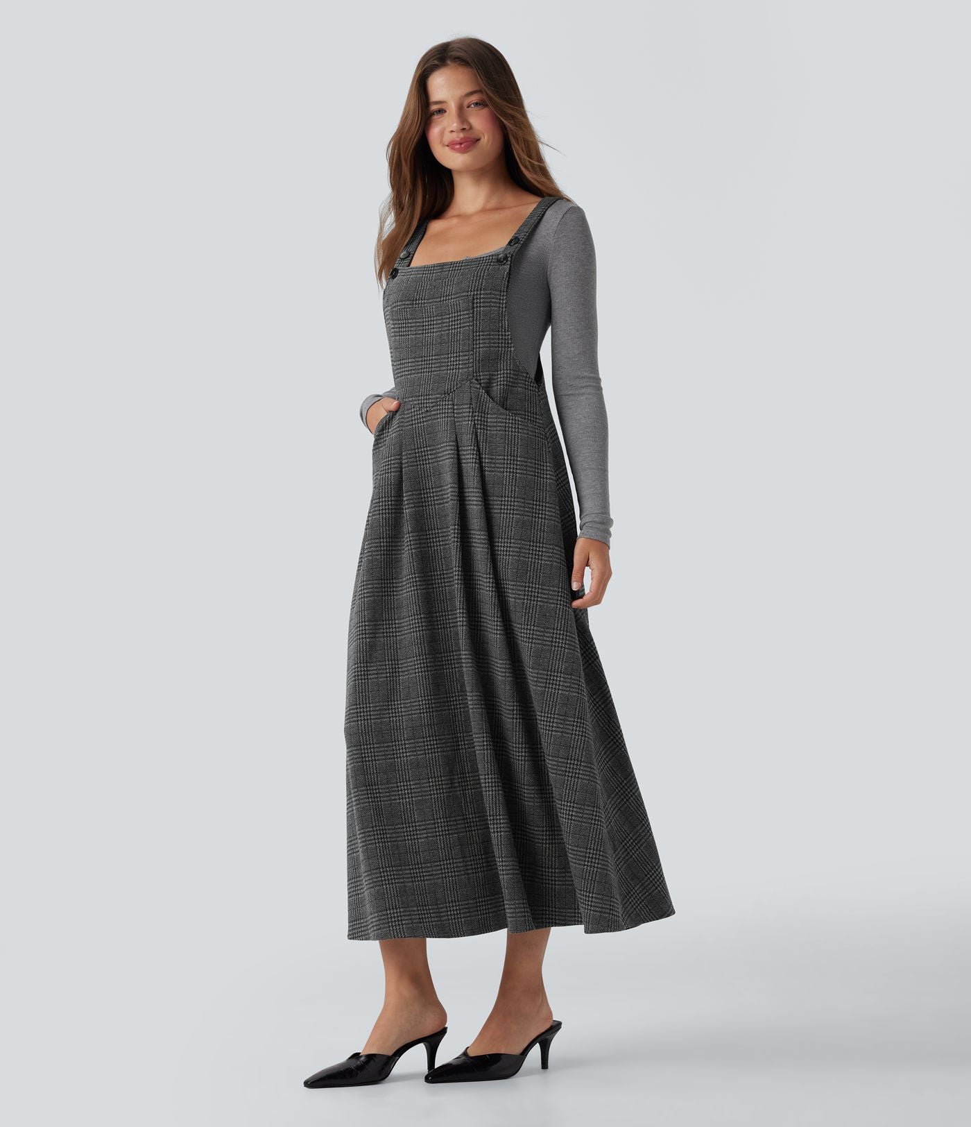 Robe chasuble travail midi pied-de-poule carreaux avec poches