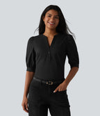 Blouse décontractée col Henley manches bouffantes mi-longues