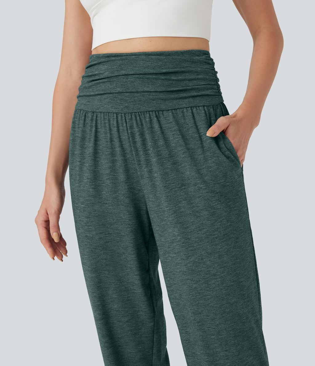 Jogging taille haute froncé chiné avec poches