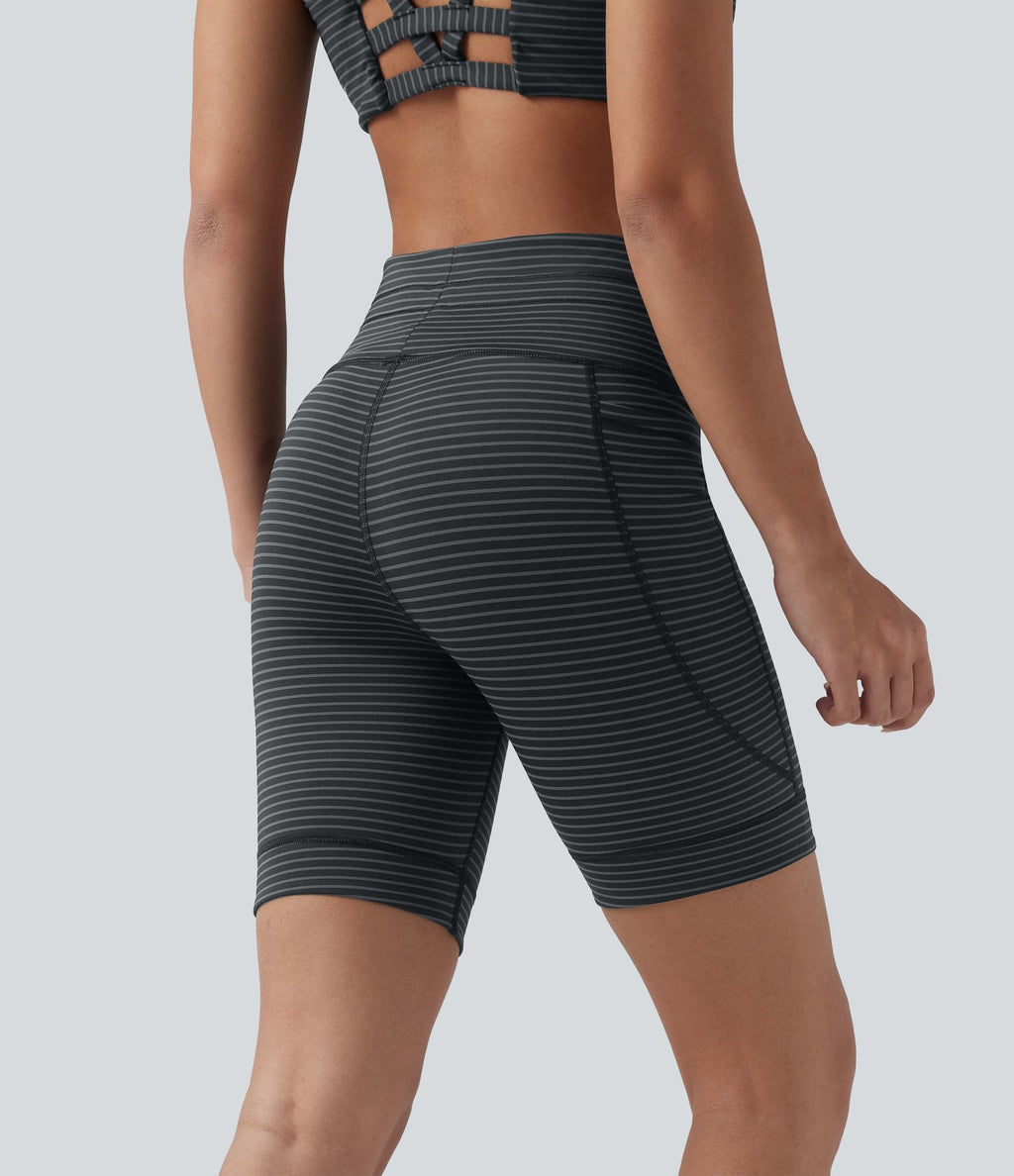 Short cycliste de yoga taille haute à rayures avec cordon de serrage 17,5 cm et poches
