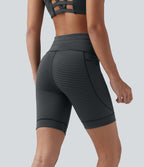 Short cycliste de yoga taille haute à rayures avec cordon de serrage 17,5 cm et poches
