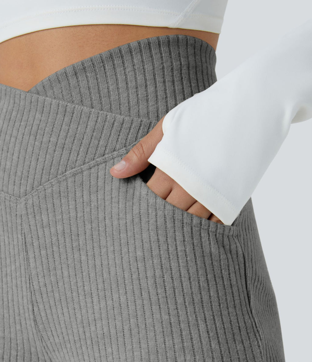 Pantalon Taille Haute Casual Évasés en Tricot Côtelé avec Poches Latérales et Croisé