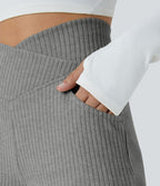 Pantalon Taille Haute Casual Évasés en Tricot Côtelé avec Poches Latérales et Croisé