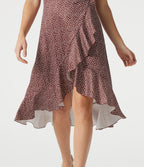 Robe casual midi col V à manches courtes à pois avec ourlet à volants