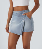 Halara Flex™ Short décontracté en jean extensible effet délavé à taille haute avec poches multiples et détail enveloppant