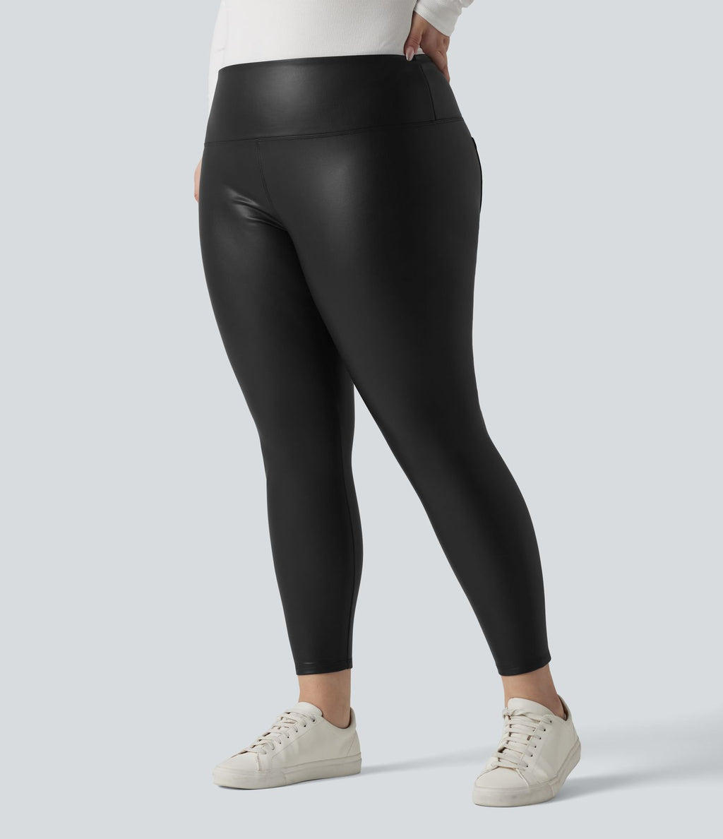 Leggings 7/8 grande taille en simili extensible effet ventre plat, taille haute, intérieur polaire, avec poches