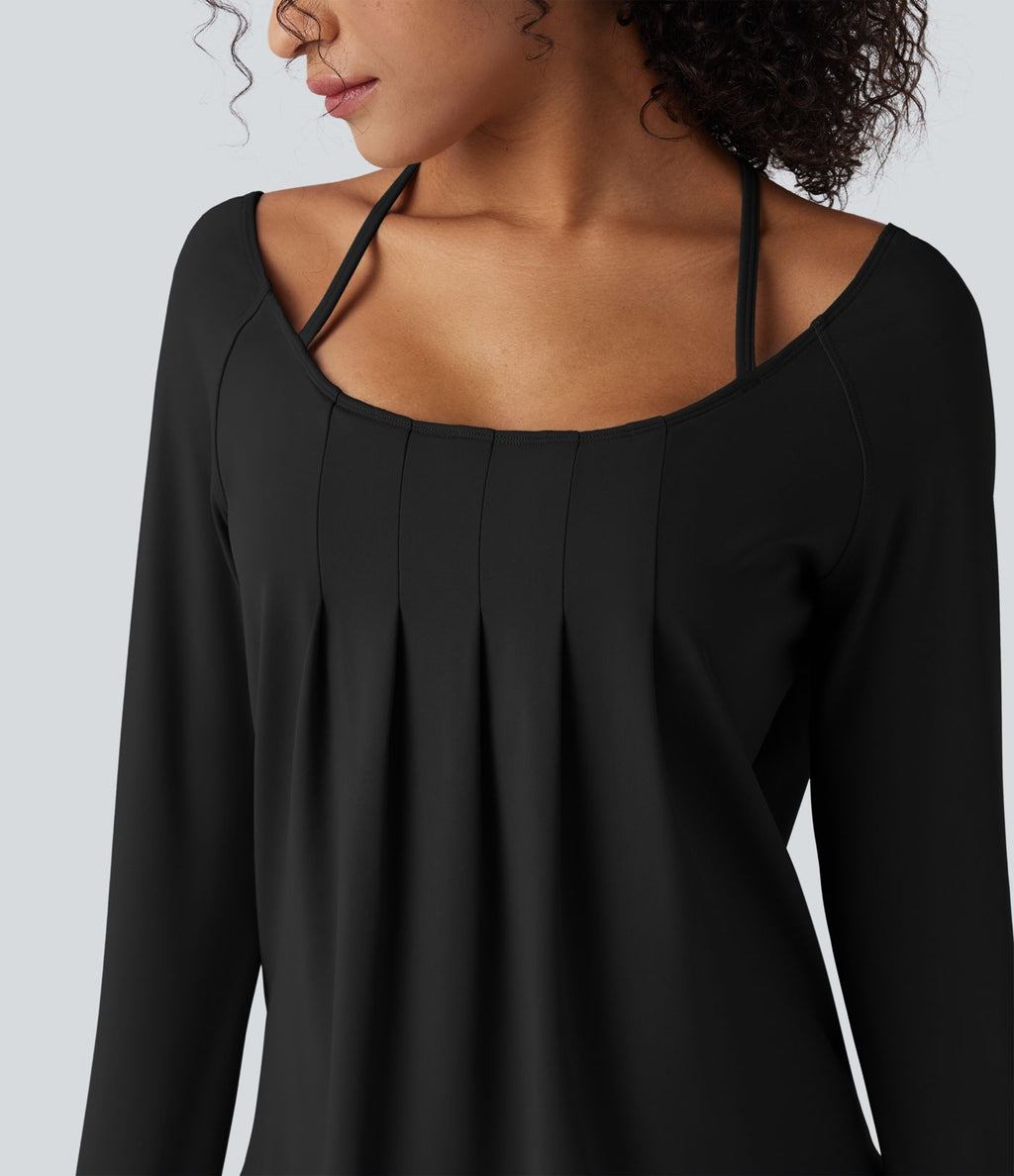 Top de sport yoga 2-en-1 SoftlyZero™ Airy dos nu croisé à manches longues avec passage de pouce, fronces et ourlet courbe - UPF50+