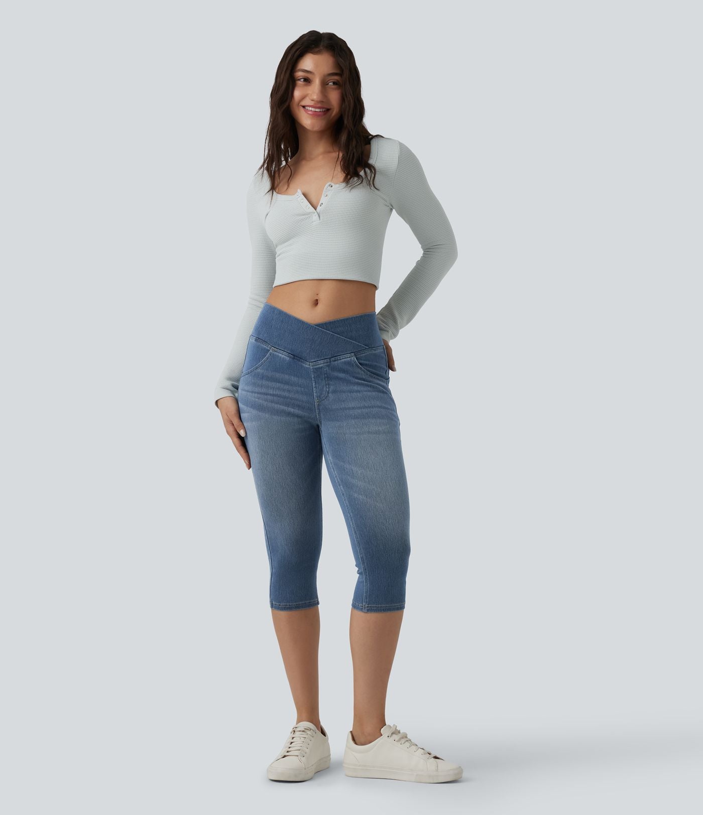 Jegging capri décontracté Halara Flex™ denim croisé taille haute avec poches