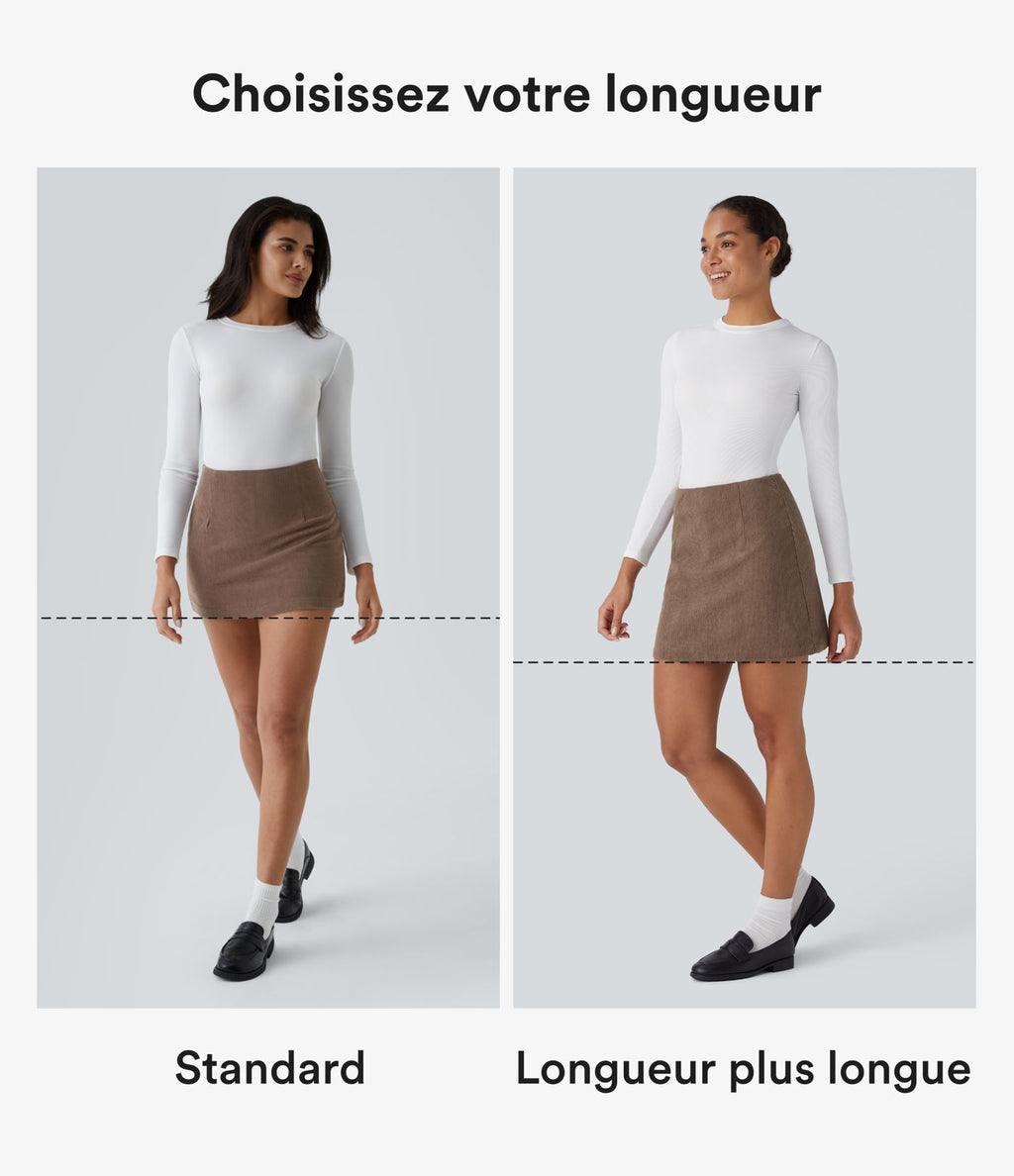 Jupe décontractée 2-en-1 en velours côtelé à taille haute, coupe évasée, longueur mini allongée et zip invisible