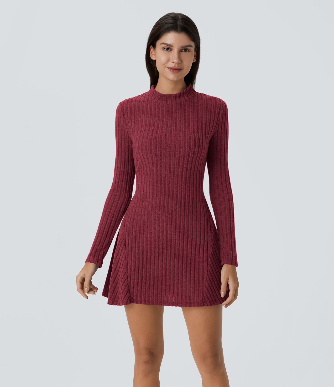 Robe de courte décontractée en maille côtelée à col montant et manches longues