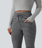Pantalon évasé décontracté taille haute gainant à rayures en tissu gaufré avec cordon de serrage et poches