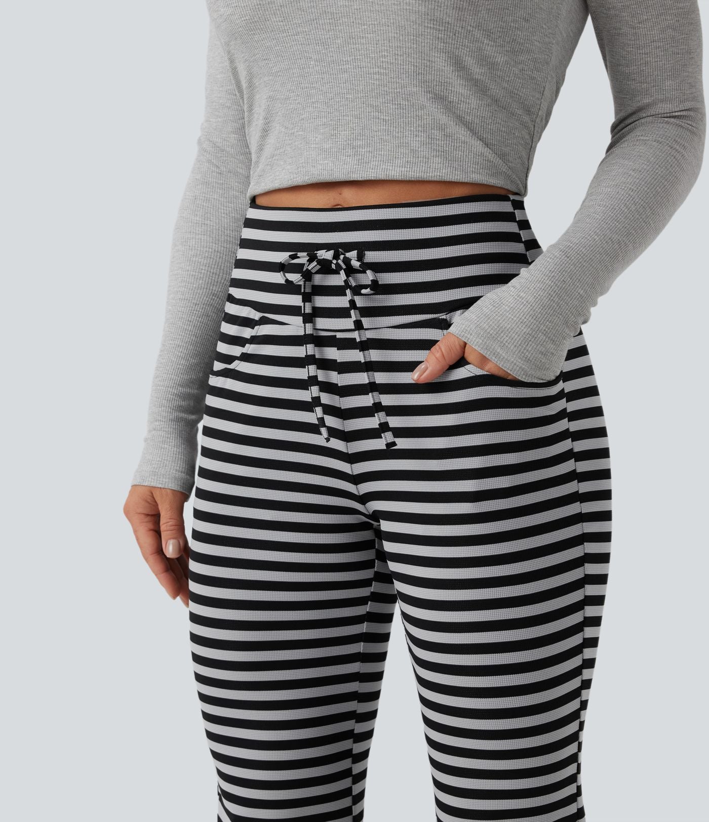 Pantalon évasé décontracté taille haute gainant à rayures en tissu gaufré avec cordon de serrage et poches