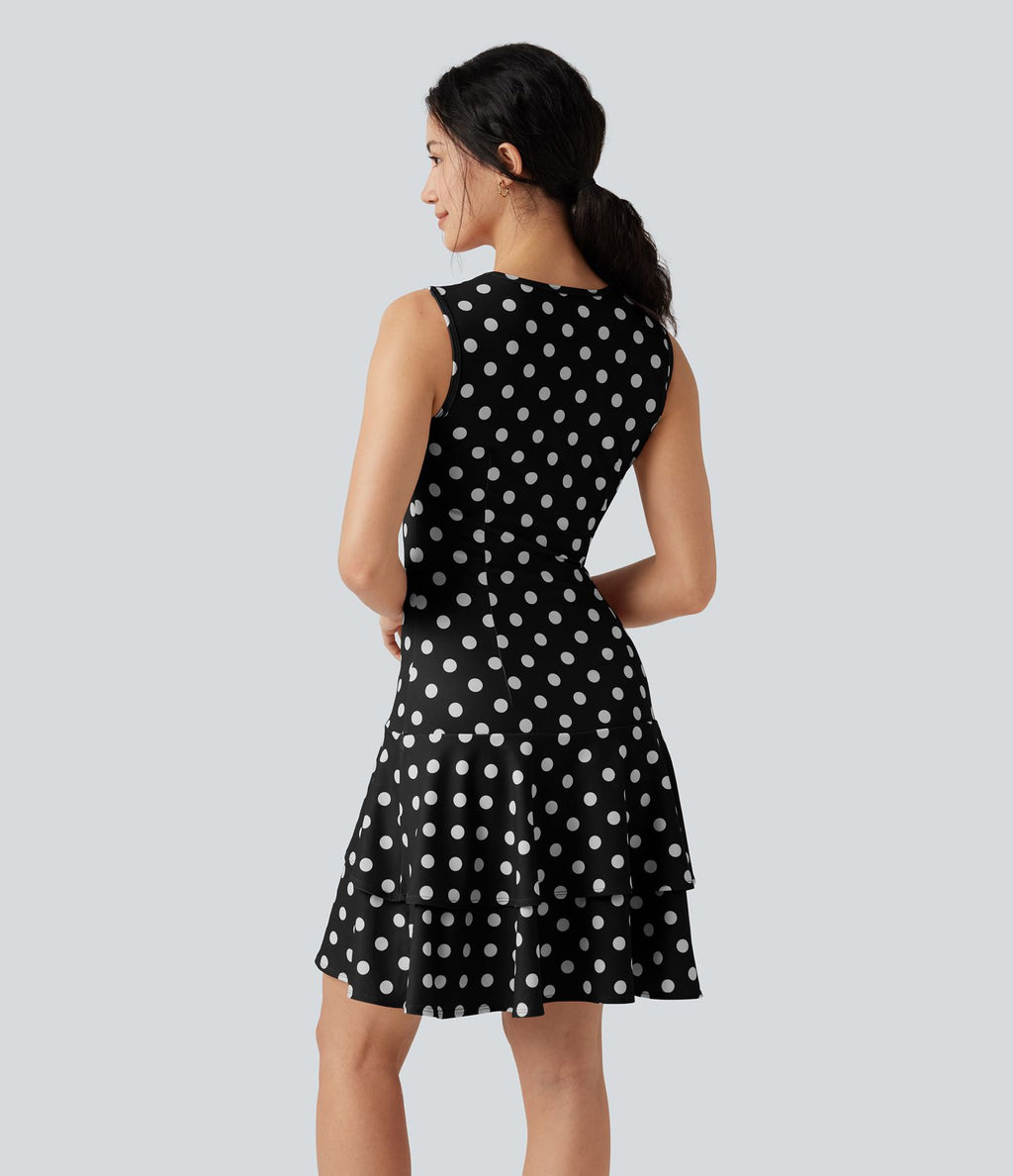 Robe mini casual à pois col rond sans manches ourlet à volants superposés