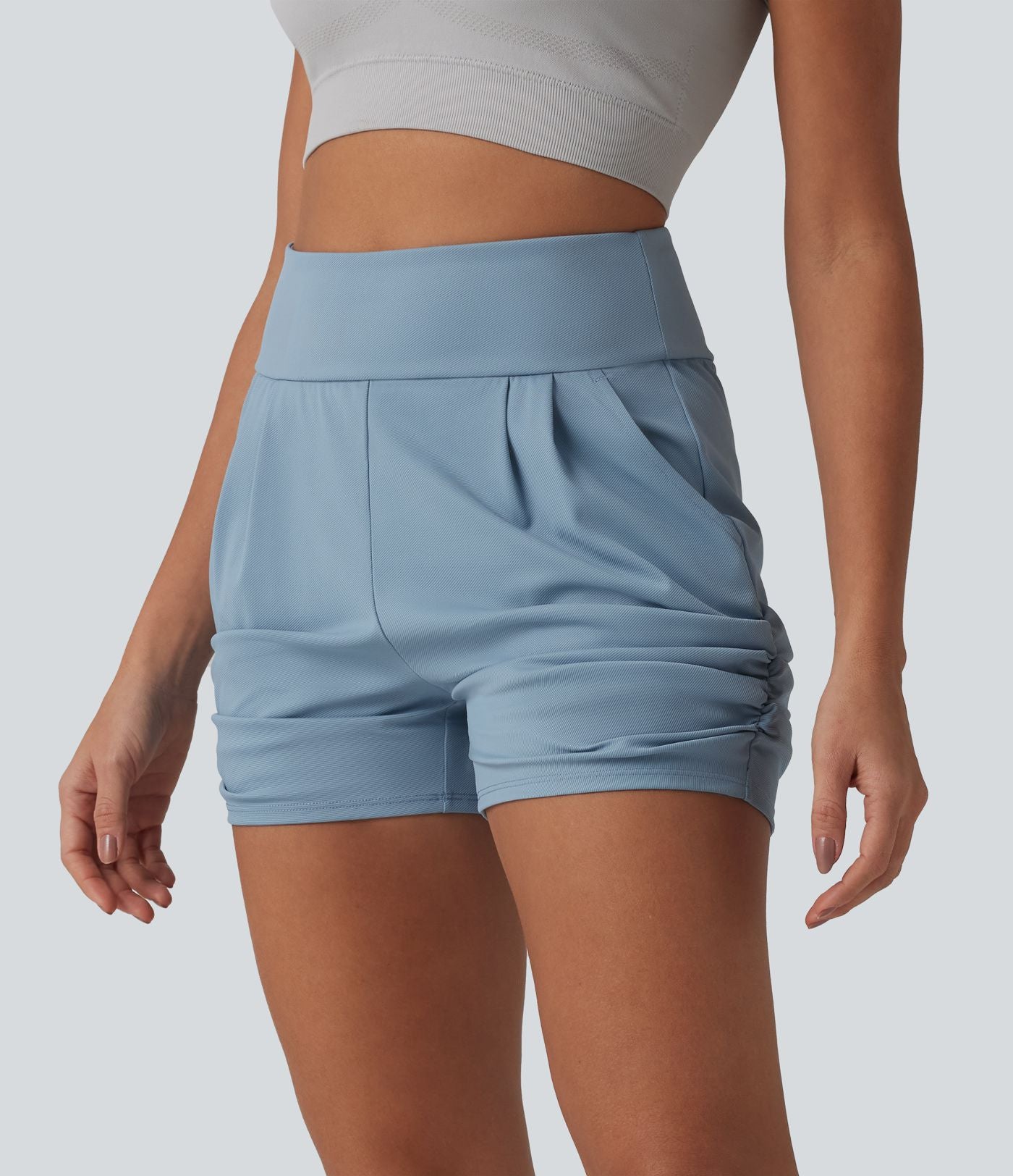 Short Yoga froncé taille haute, séchage rapide, UPF40+ avec poches