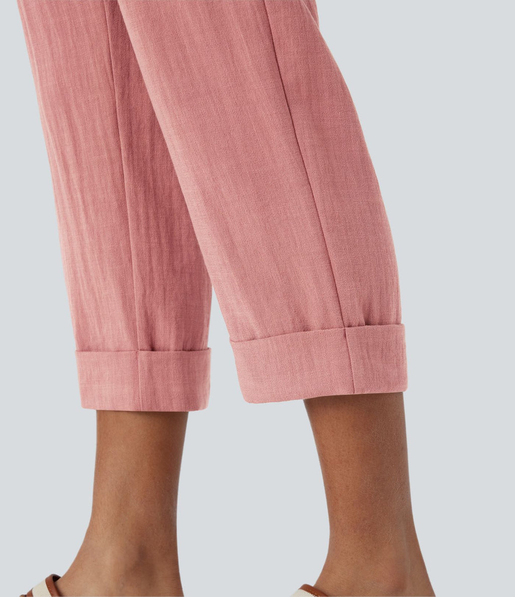 Pantalon capri effet lin taille haute avec poches zippées