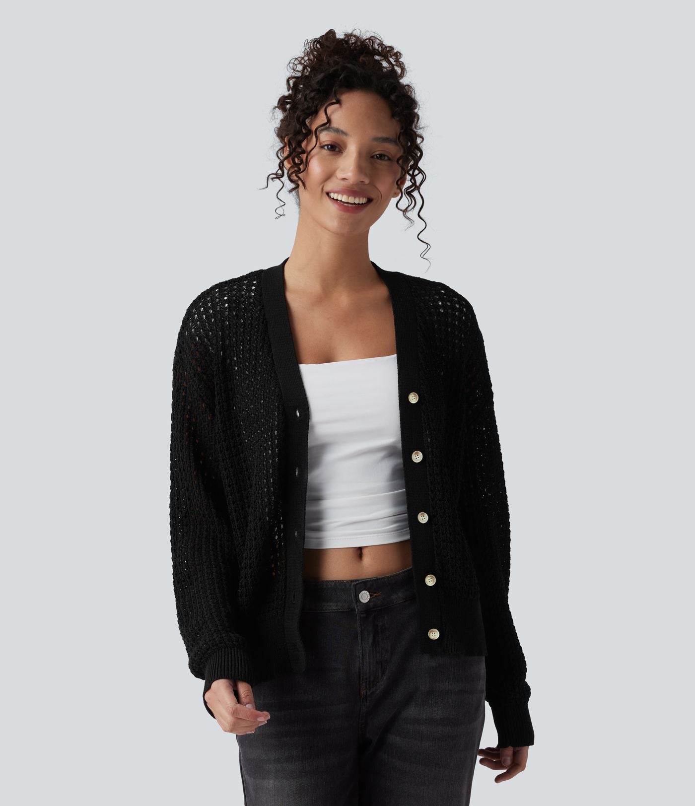 Cardigan décontracté en maille tricotée col V manches longues
