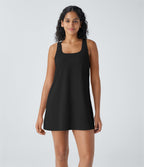 Ensemble 2 Pièces Robe Sport de Yoga Mini à Col en U Dos Nageur sans Manches avec Poches Latérales