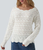 Pull décontracté col bateau manches longues maille ajourée