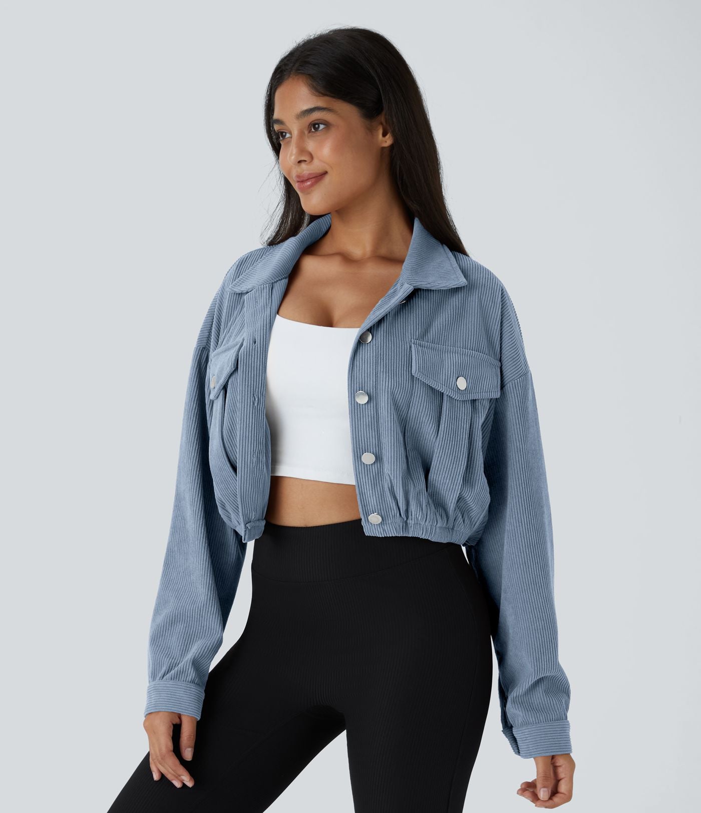 Veste Casual en Velours Côtelé à Boutons Poches Col Court
