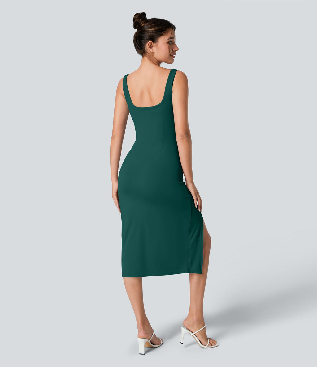 Robe corset midi moulante ruchée à encolure carrée, dos nu, brassière intégrée