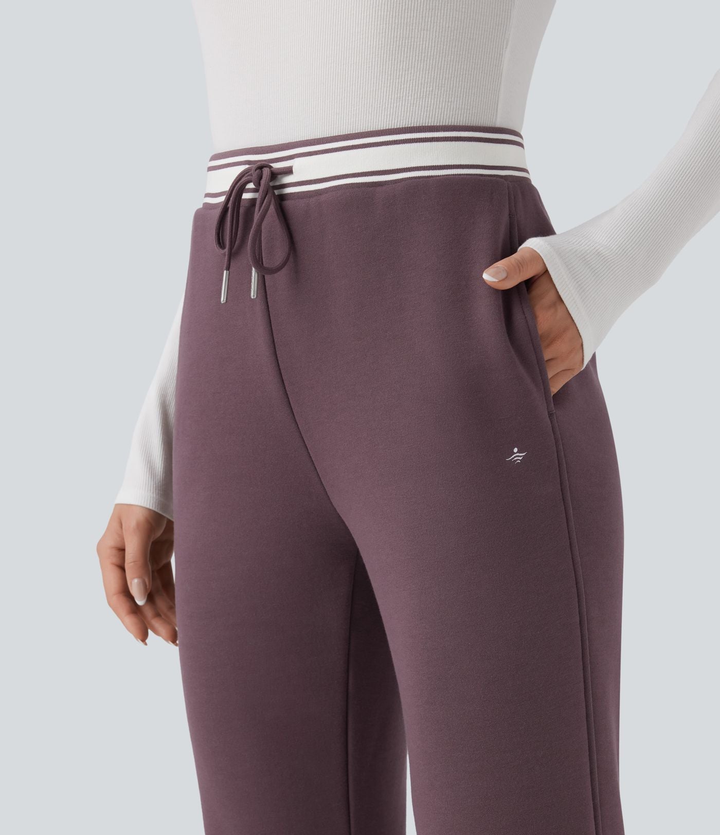 Pantalon jogging évasé molleton coton taille haute avec cordon de serrage, poches, empiècements contrastés et ourlet fend
