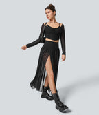Jupe Casual Taille Haute Maxi Fluide Mesh Fente Plissée 2 en 1