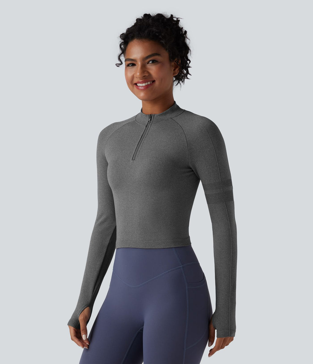 Haut de yoga Seamless Flow à demi-fermeture éclair, manches longues et trous pour les pouces