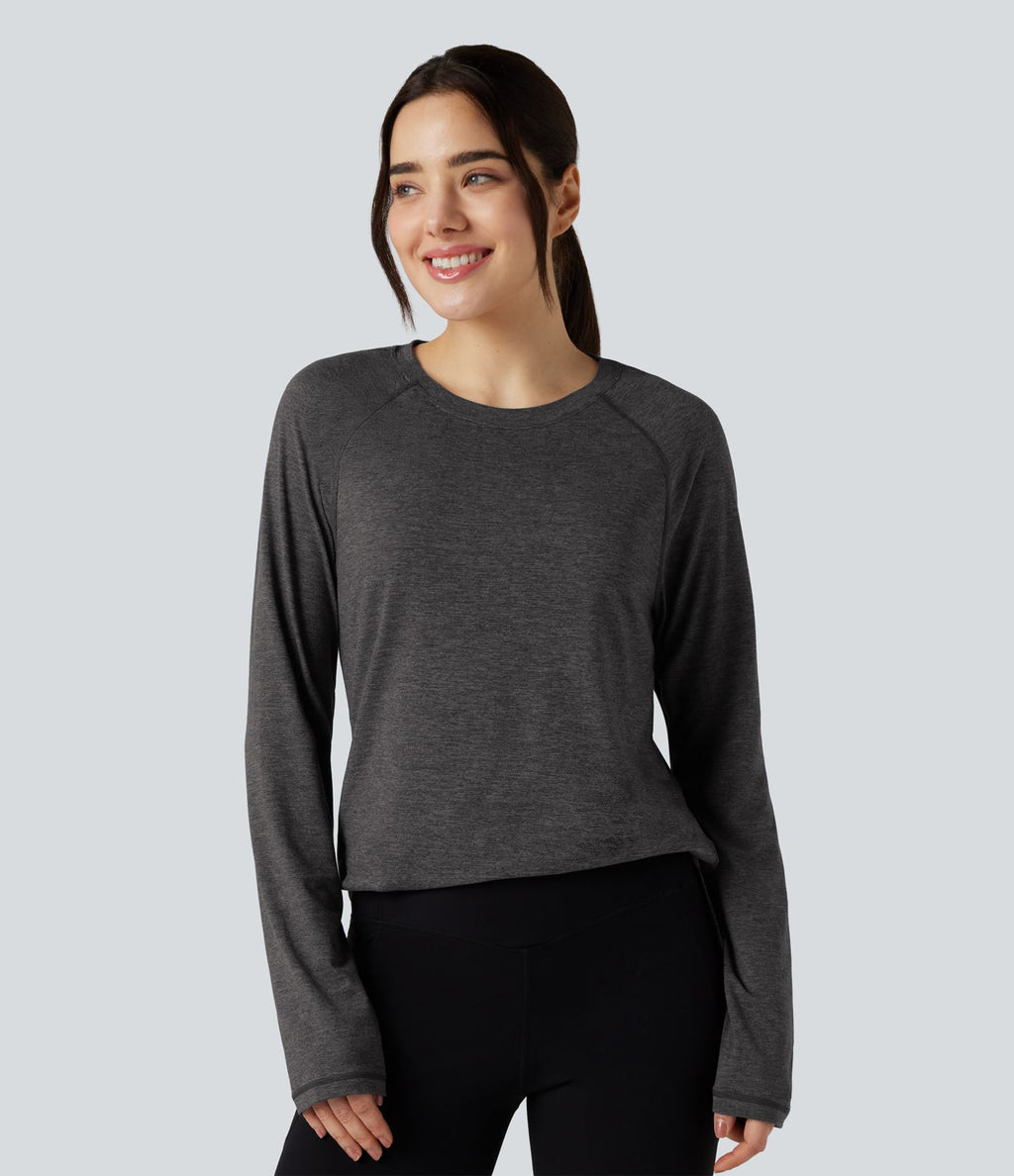 T-shirt doux col rond ourlet fendu manches raglan longues