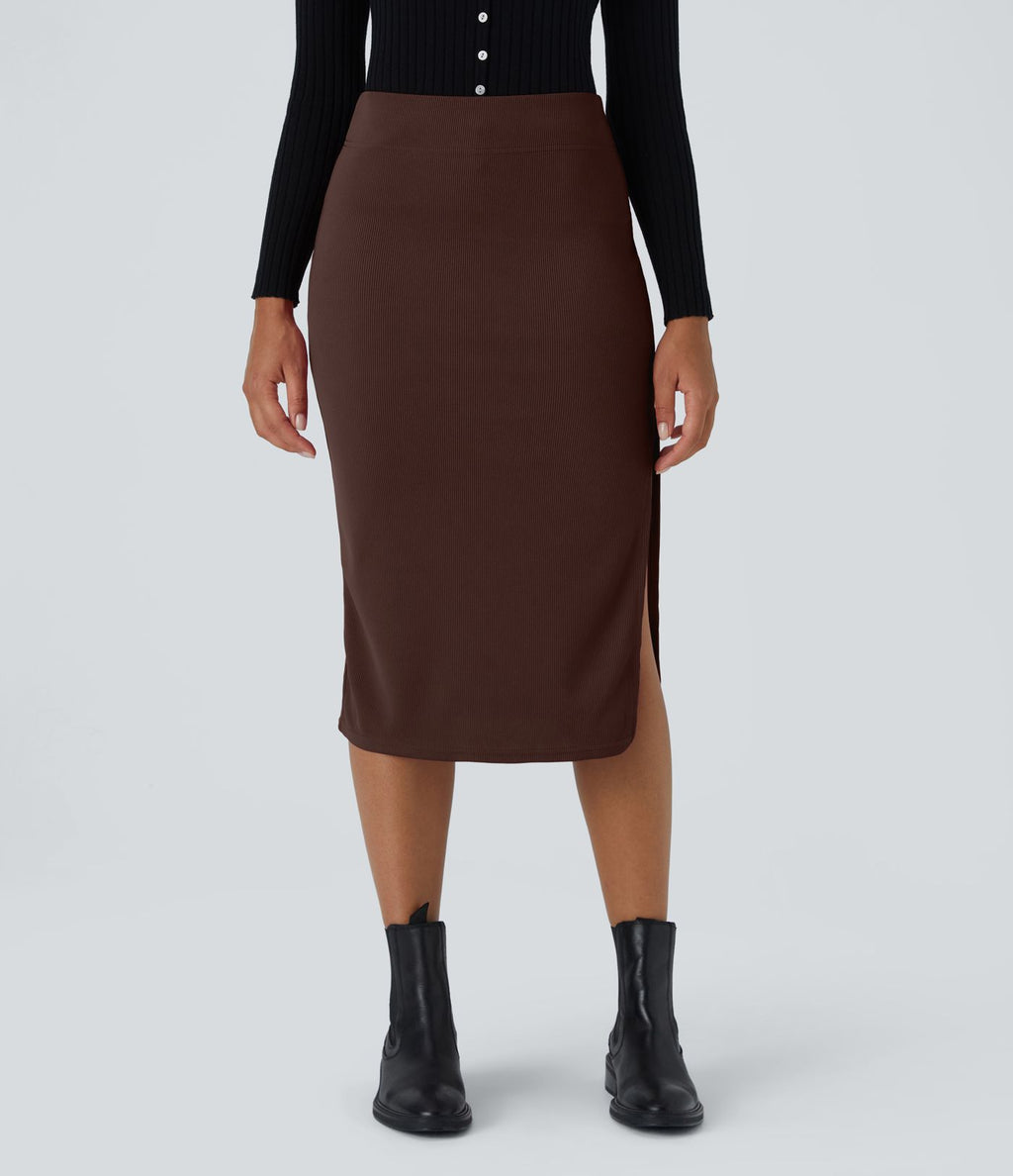 Jupe Midi Moulante Casual en Côtes Taille Haute Fendue