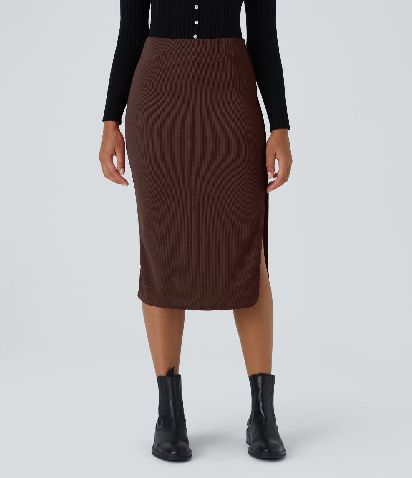 Jupe Midi Moulante Casual en Côtes Taille Haute Fendue