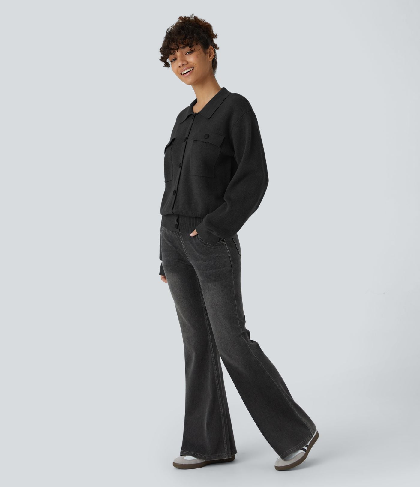 Pull décontracté à col chemise avec poches poitrine boutonnées