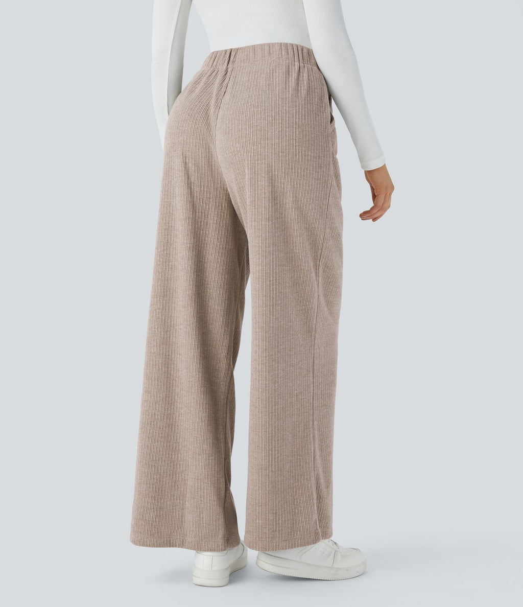 Pantalon décontracté large côtelé, taille haute, avec poches