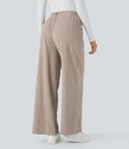 Pantalon décontracté large côtelé, taille haute, avec poches