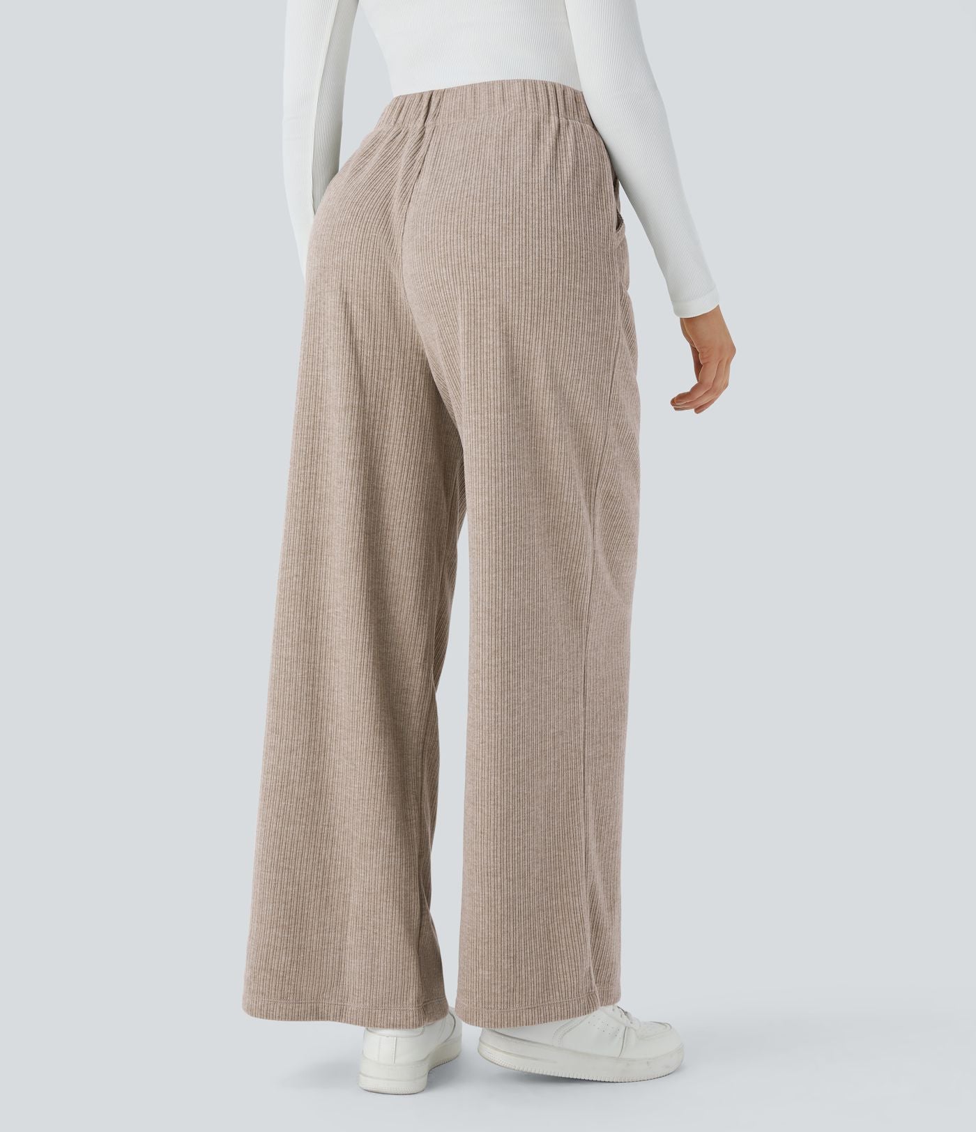 Pantalon décontracté large côtelé, taille haute, avec poches