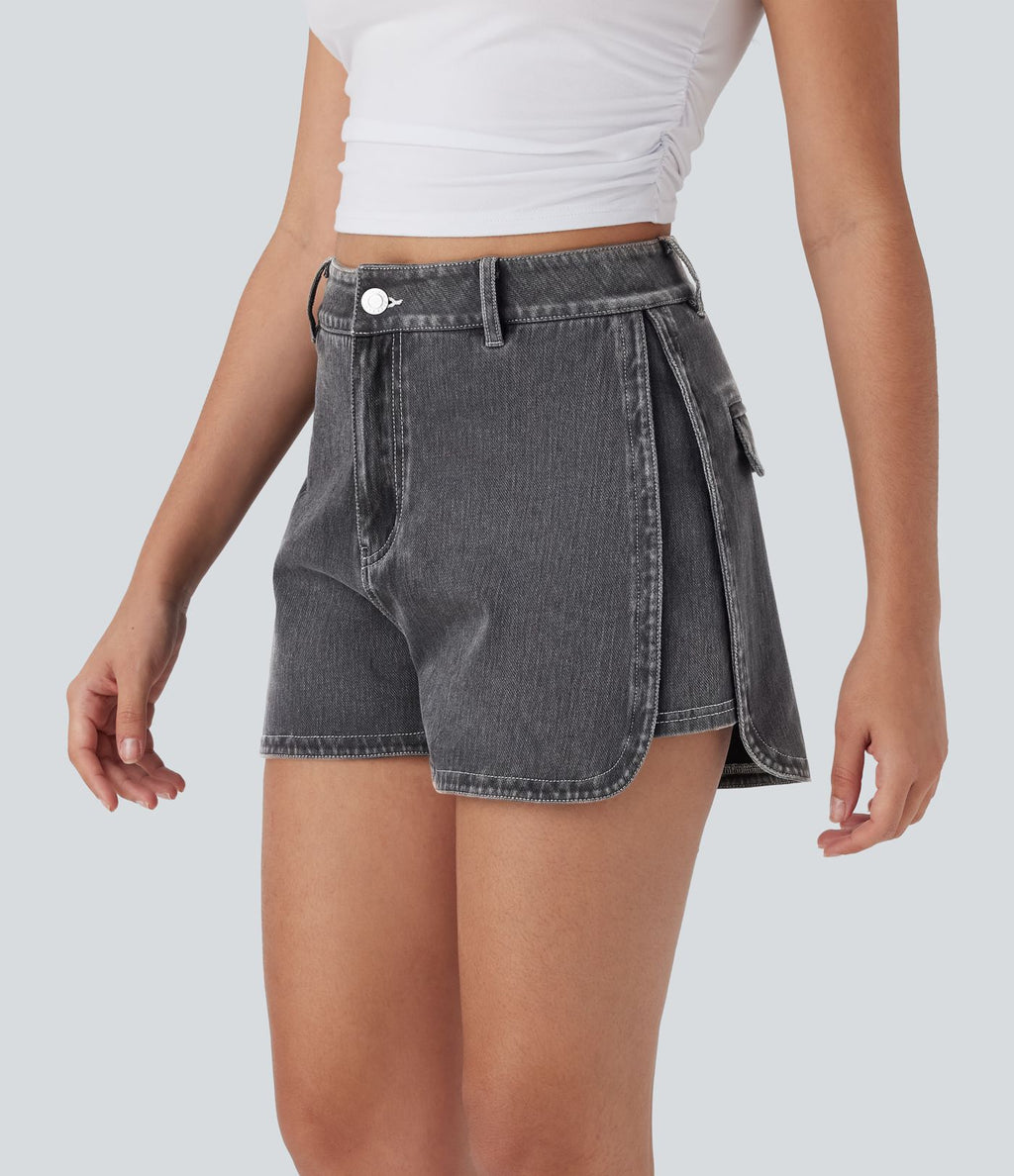 Short décontracté en denim extensible Halara Flex™ taille haute avec bouton, fermeture éclair et ourlet courbé 7,5 cm