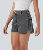 Short décontracté en denim extensible Halara Flex™ taille haute avec bouton, fermeture éclair et ourlet courbé 7,5 cm